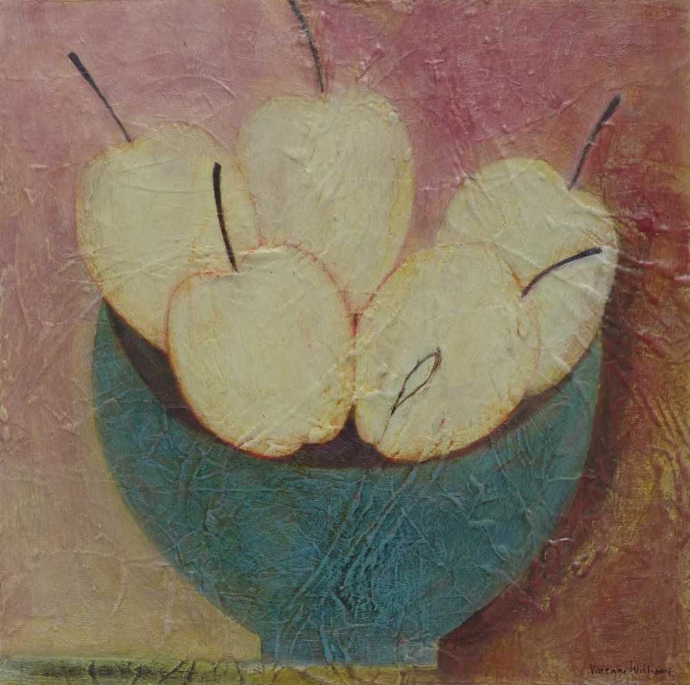 Five Apples in Blue Bowl
